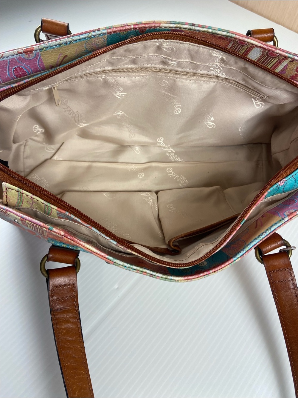 Fossil Genuine Leather Patchwork Print Shoulder Bag Boho Y2K Purse - Picture 10 of 10